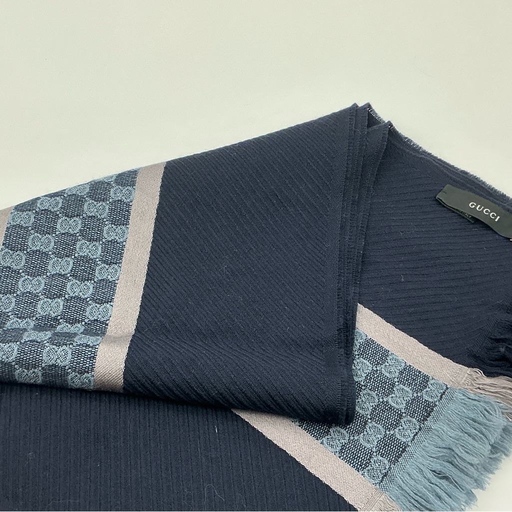 Gucci Navy Blue Cashmere  Silk Blend Logo Scarf
